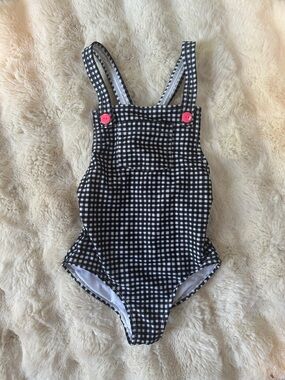 Art Class Girls Gingham One Piece Swimsuit Black/White with Neon Pink Buttons